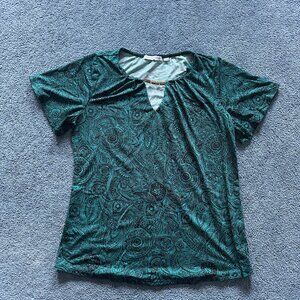 Notations Women's Green & Black Paisley Short Sleeve Blouse Top Size Small